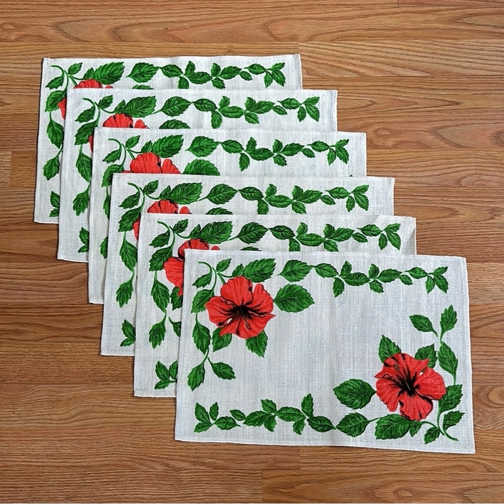 Set of 6 Vintage woven Irish Linen floral hibiscus placemats 18" × 12"